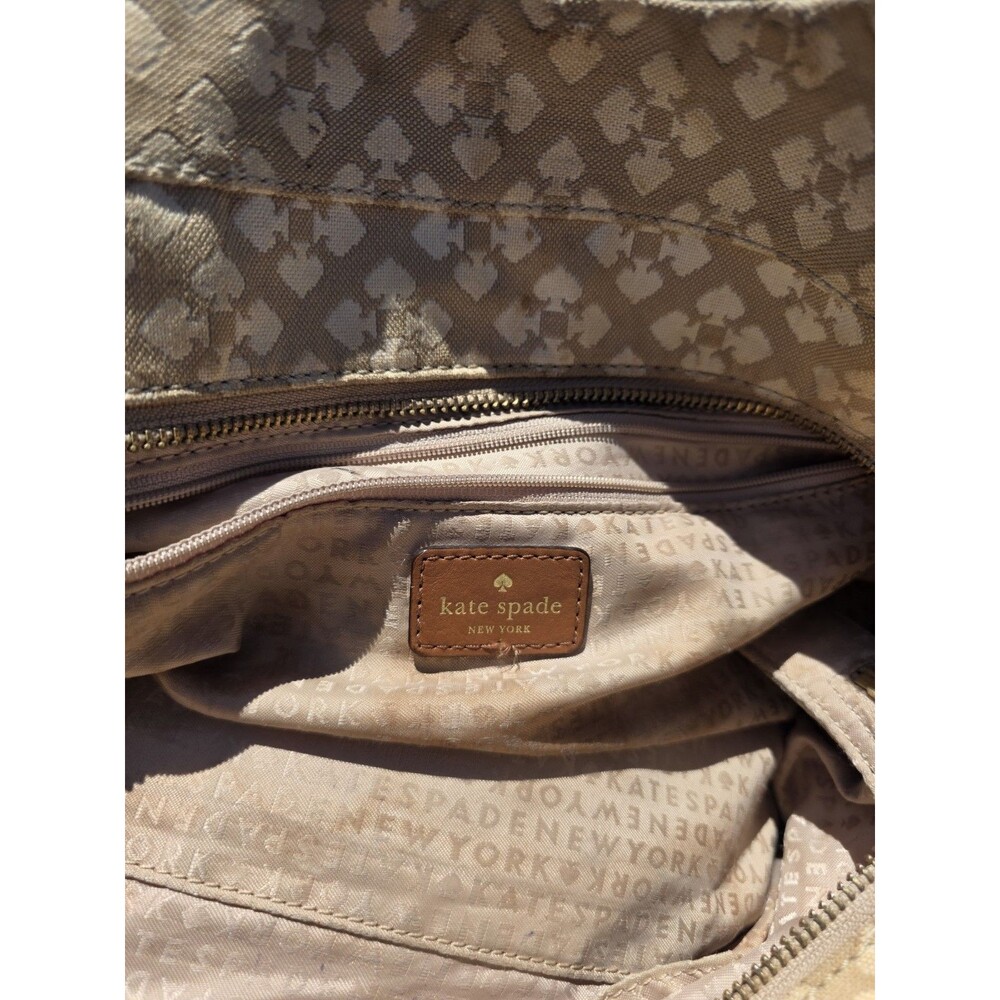 Kate Spade New York Beige Jacquard Logo Satchel Zip, Brown Leather Handles - Picture 11 of 12